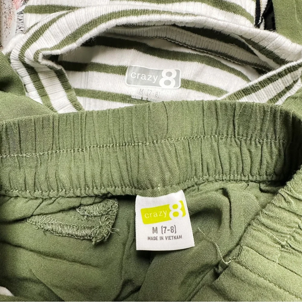 Crazy 8 White & Olive Green Mockneck Top & Paperbag Pants Outfit Girls Size 7/8